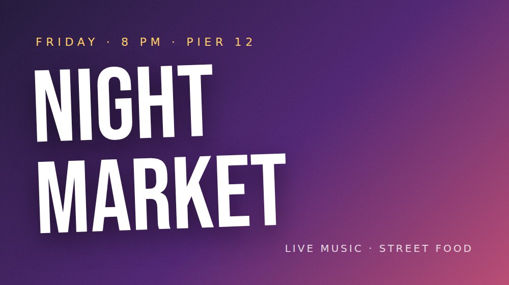 Event poster with the words NIGHT MARKET in tall condensed capitals on a purple-to-coral gradient
