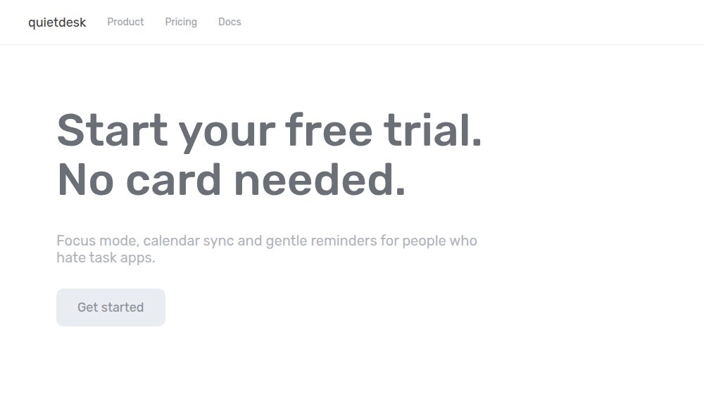 Screenshot of a software landing page with the headline Start your free trial. No card needed. in light grey on white