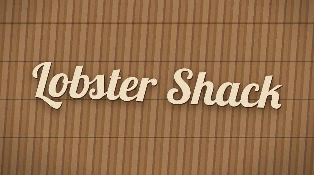 Lobster Shack painted in cream script on a slatted wood sign, tilted, with heavy JPEG compression