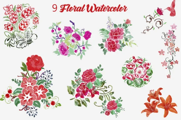 Digital Watercolor Rose Floral Colorful Graphic
