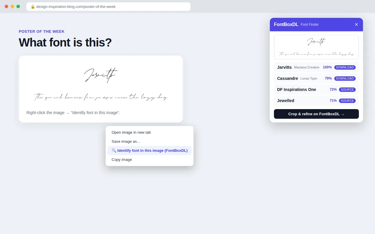 Result panel after right-clicking an image: closest matching fonts with download links