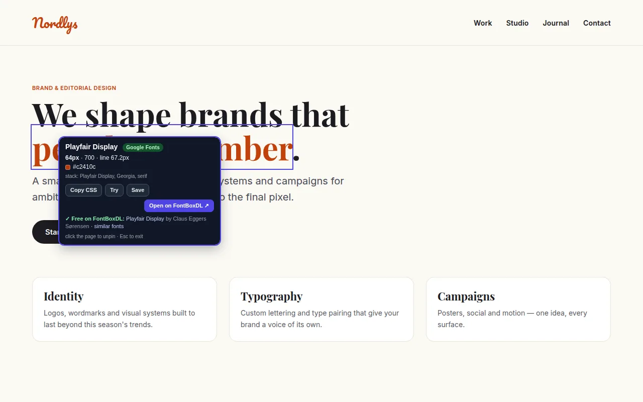 Pinned inspector tooltip showing Playfair Display, its source, size, weight and color